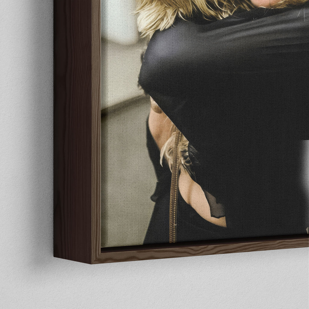 Corner close-up of the dark walnut floating frame on the Stevie Nicks colour canvas
