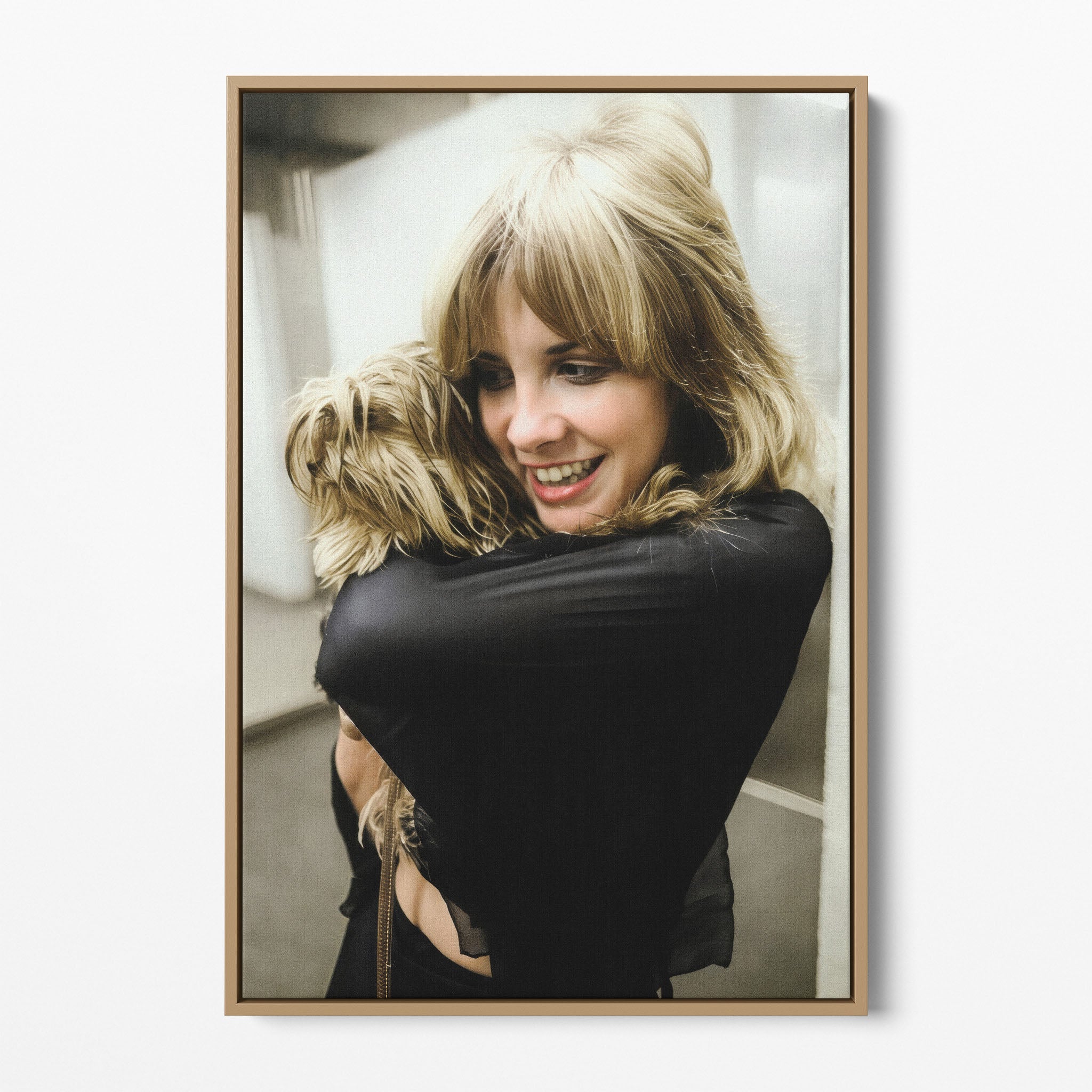 Front view of the Stevie Nicks colour portrait canvas in a natural oak floating frame