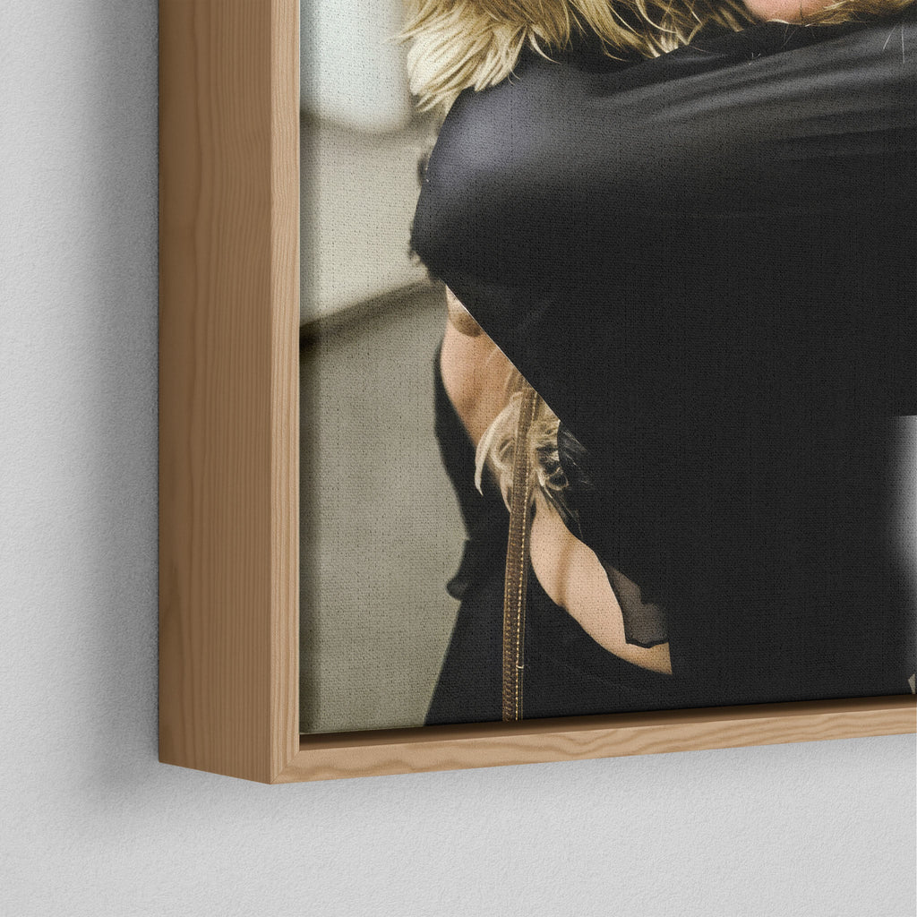 Corner close-up of the natural oak floating frame on the Stevie Nicks colour canvas