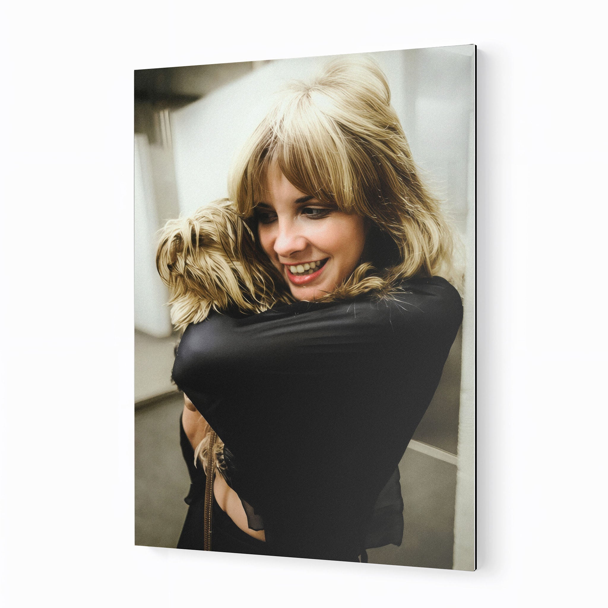 Stevie Nicks candid colour portrait with her dog on a sleek aluminium metal print