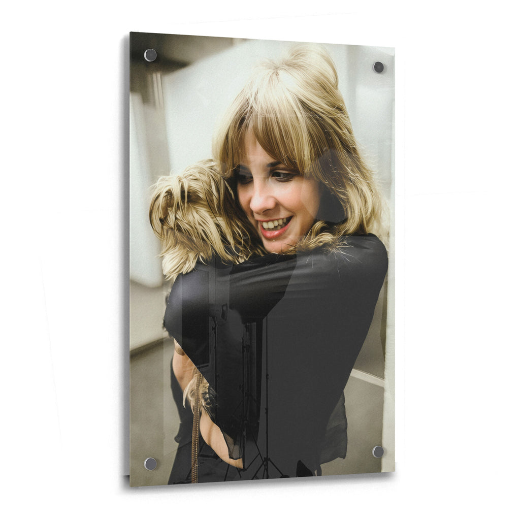 Stevie Nicks candid colour portrait with her dog on glossy acrylic glass
