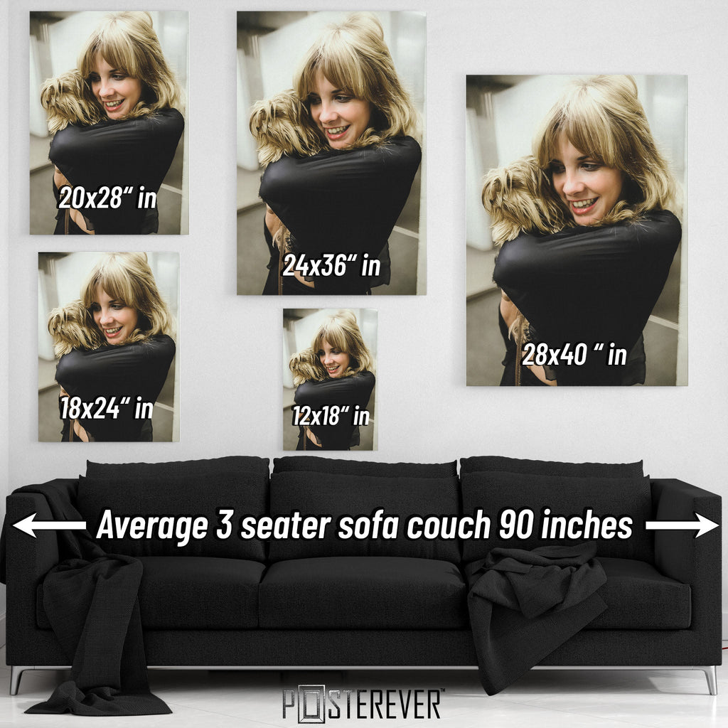 Wall art size comparison chart displaying multiple print dimensions above an average 3-seater sofa