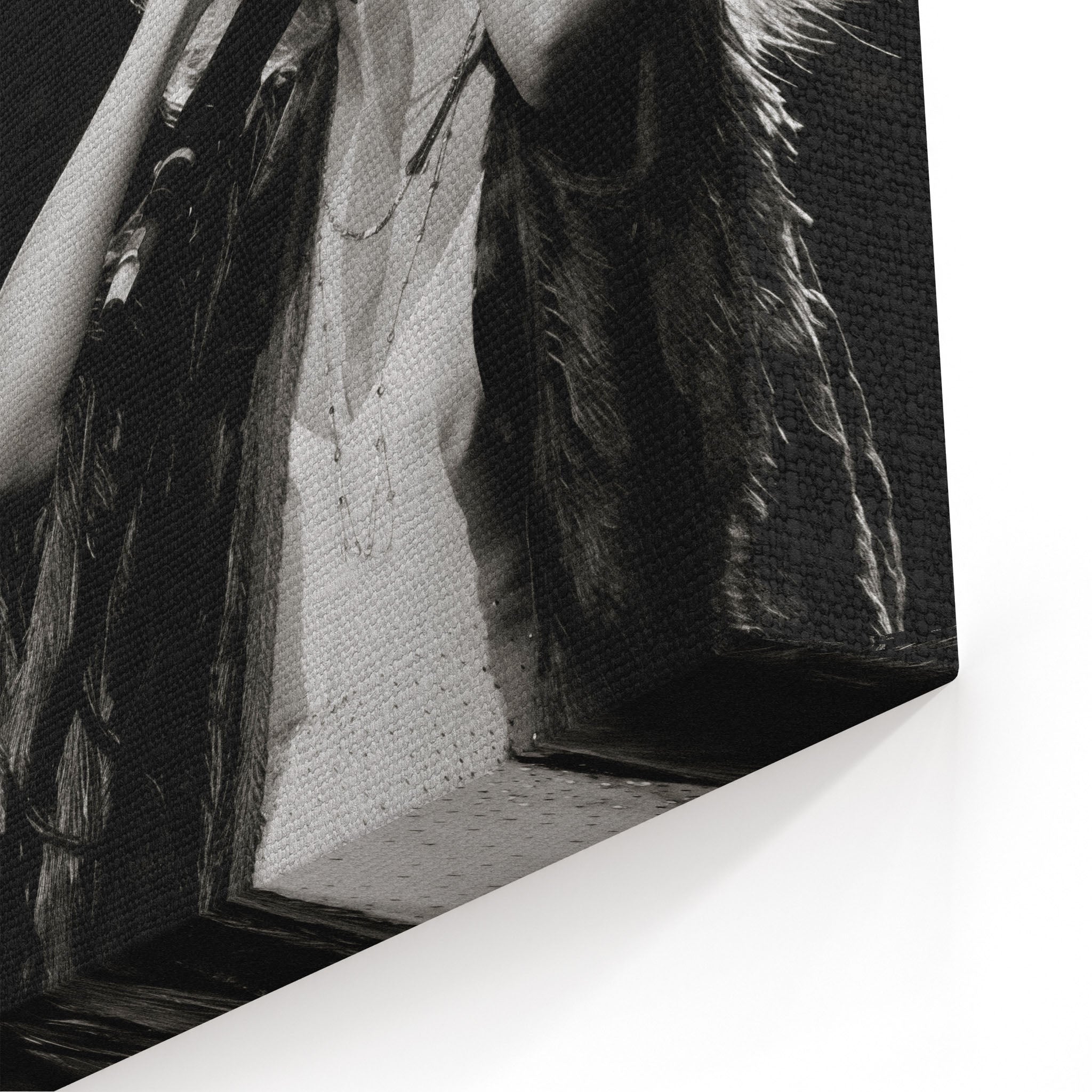 Close-up of the gallery-wrapped canvas edge on the Stevie Nicks 1970s live black and white print