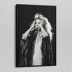 Angled view of the Stevie Nicks 1970s live black and white canvas in a black floating frame