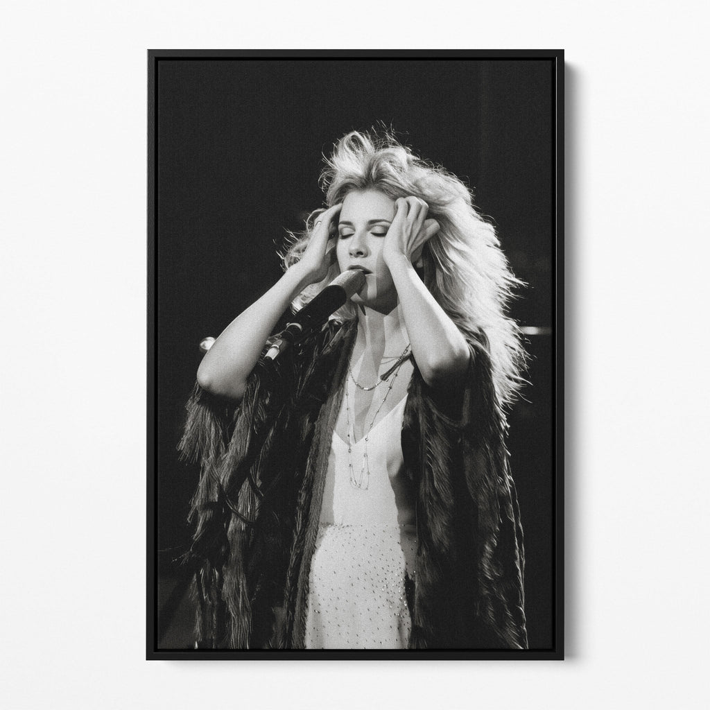 Front view of the Stevie Nicks 1970s live black and white canvas in a black floating frame