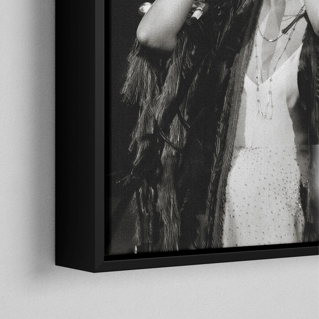 Corner close-up of the black floating frame on the Stevie Nicks 1970s live black and white canvas
