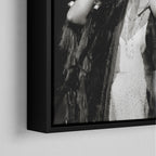 Corner close-up of the black floating frame on the Stevie Nicks 1970s live black and white canvas