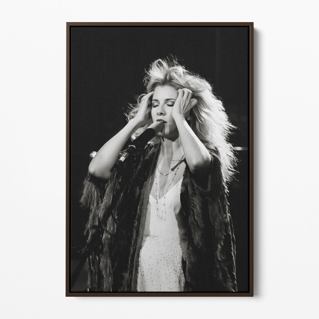 Front view of the Stevie Nicks 1970s live black and white canvas in a dark walnut floating frame