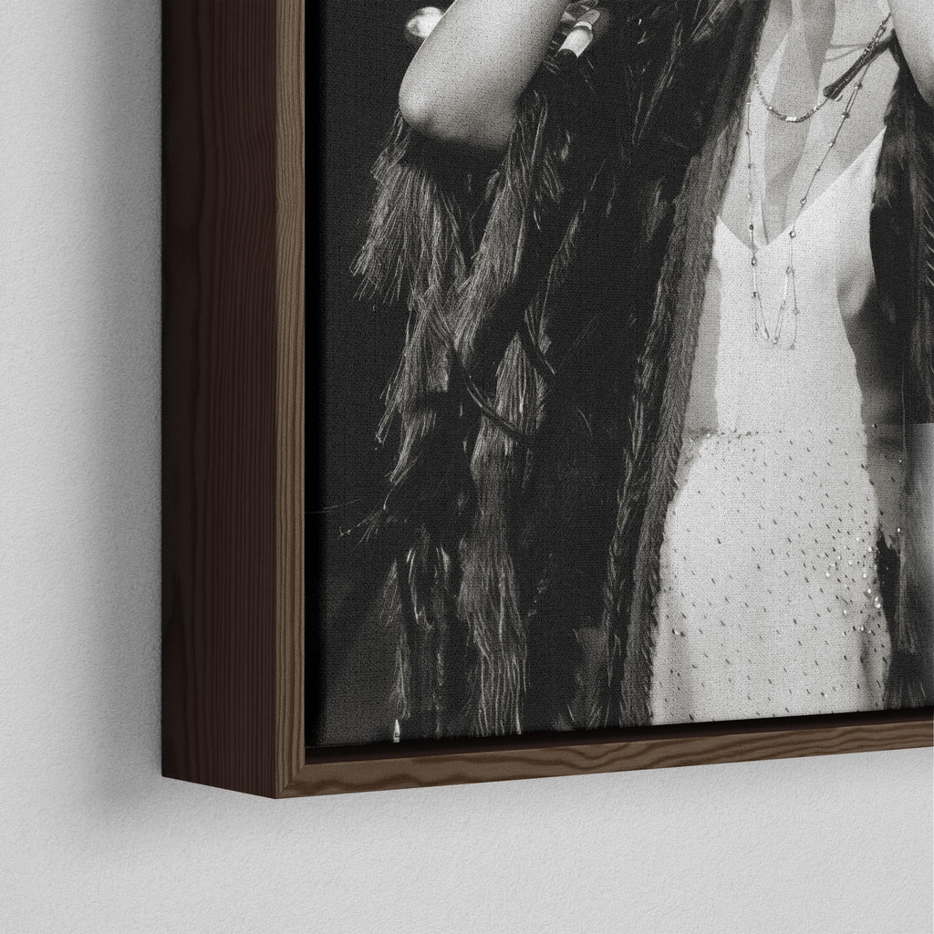 Corner close-up of the dark walnut floating frame on the Stevie Nicks 1970s live black and white canvas