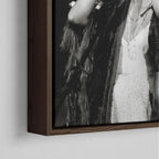 Corner close-up of the dark walnut floating frame on the Stevie Nicks 1970s live black and white canvas