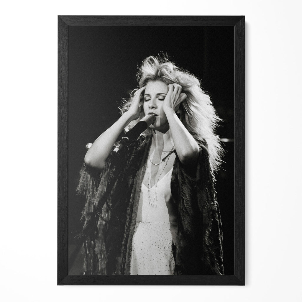 Stevie Nicks late 1970s live concert black and white portrait in a classic black poster frame