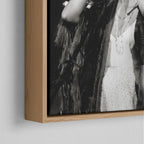 Corner close-up of the natural oak floating frame on the Stevie Nicks 1970s live black and white canvas