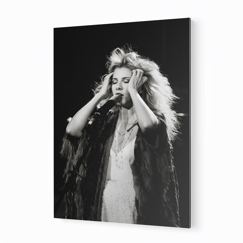 Stevie Nicks late 1970s live concert black and white print on sleek aluminium metal