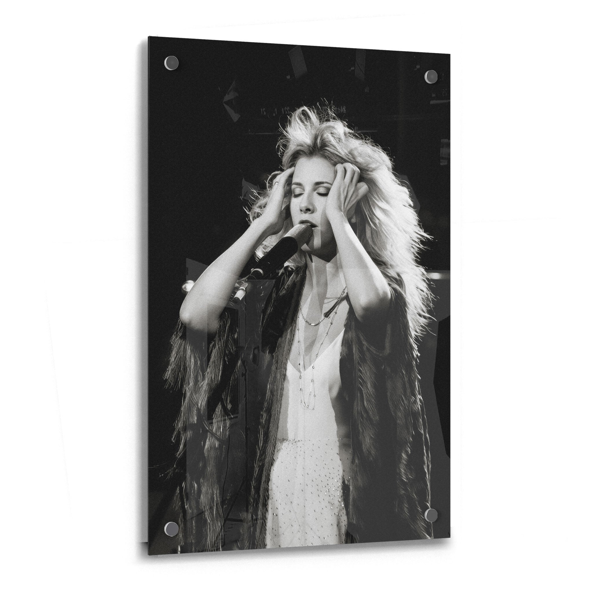 Stevie Nicks late 1970s live concert black and white print on glossy acrylic glass