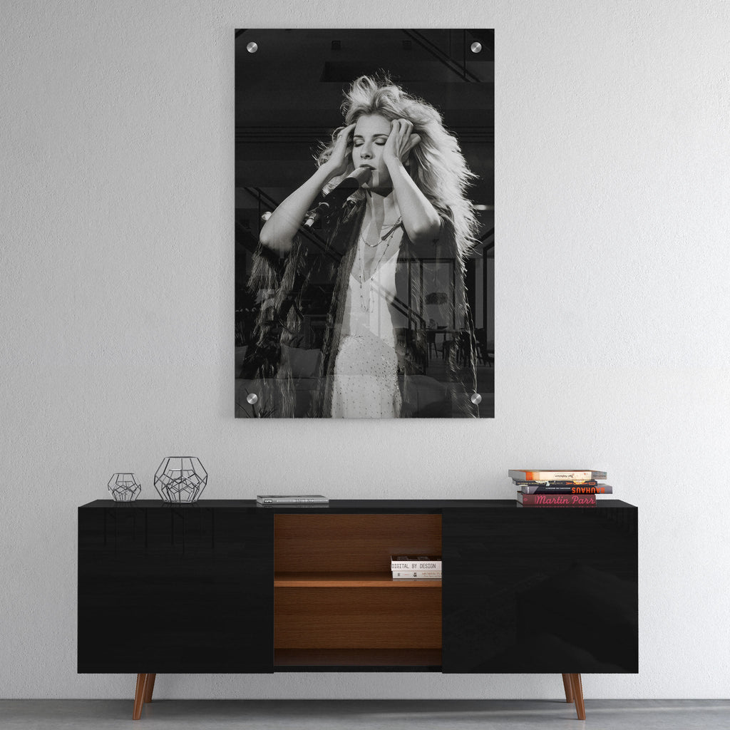 High-gloss acrylic print of the Stevie Nicks Fleetwood Mac 1970s live black and white photo