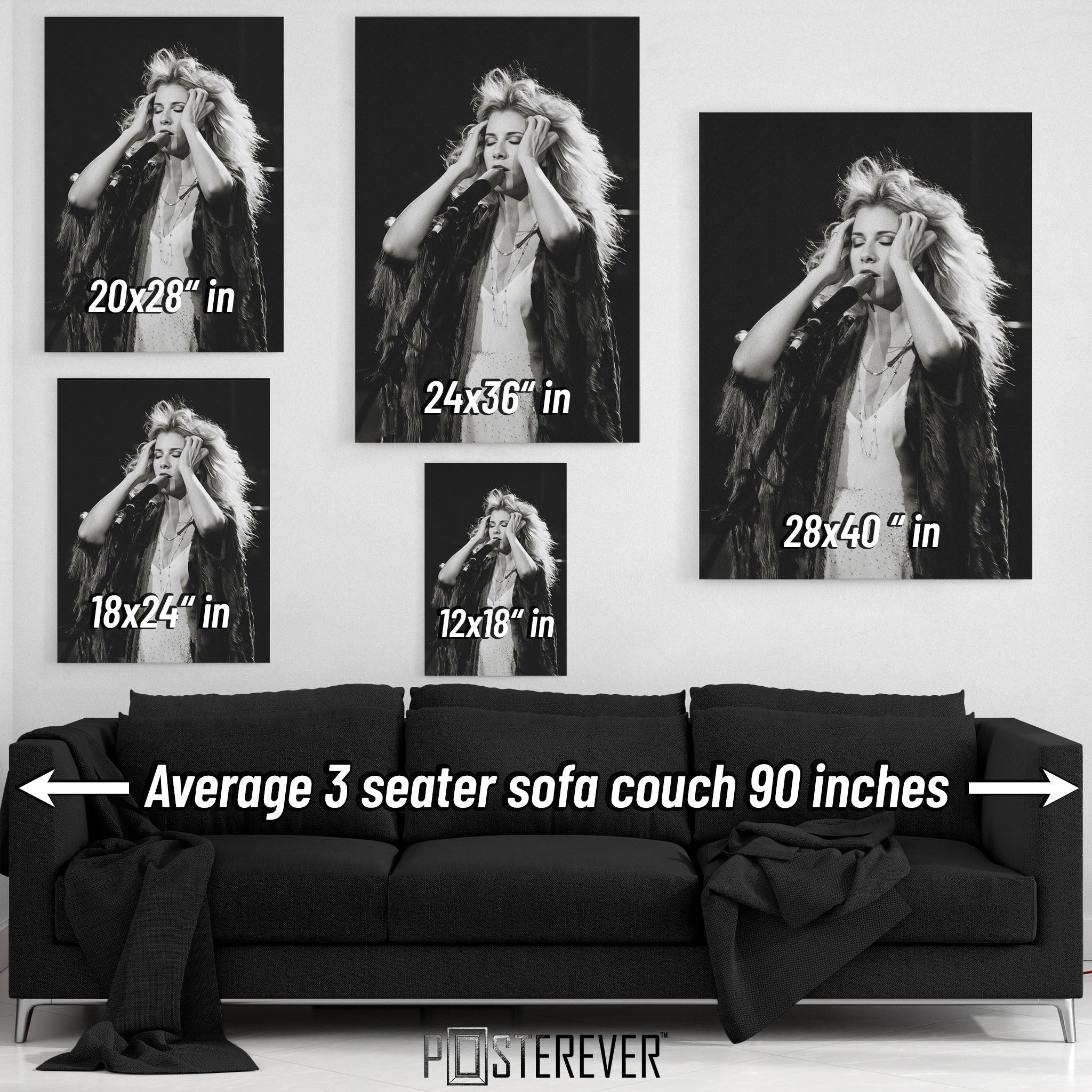 Wall art size comparison chart displaying multiple print dimensions above an average 3-seater sofa
