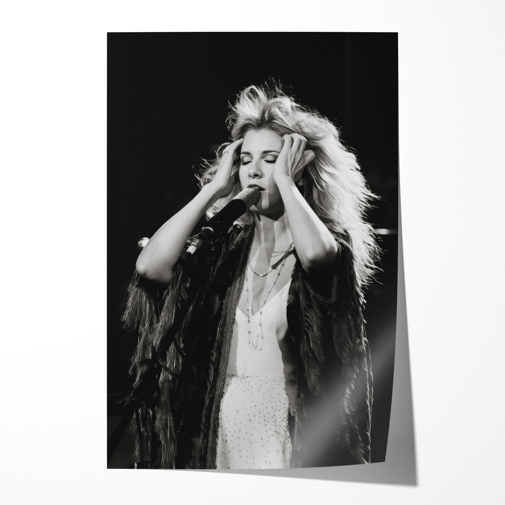 Stevie Nicks Fleetwood Mac late 1970s live performance black and white art print, unframed poster preview