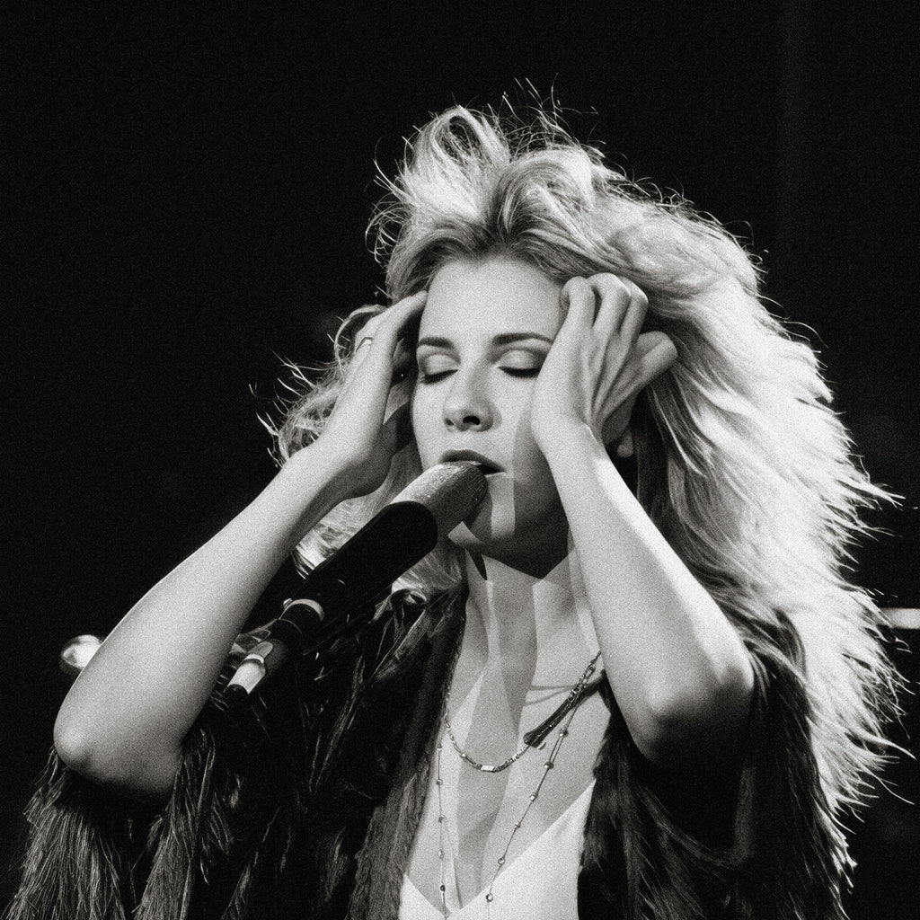 Medium zoom highlighting the crisp detail and deep contrast of the Stevie Nicks 1970s live black and white print