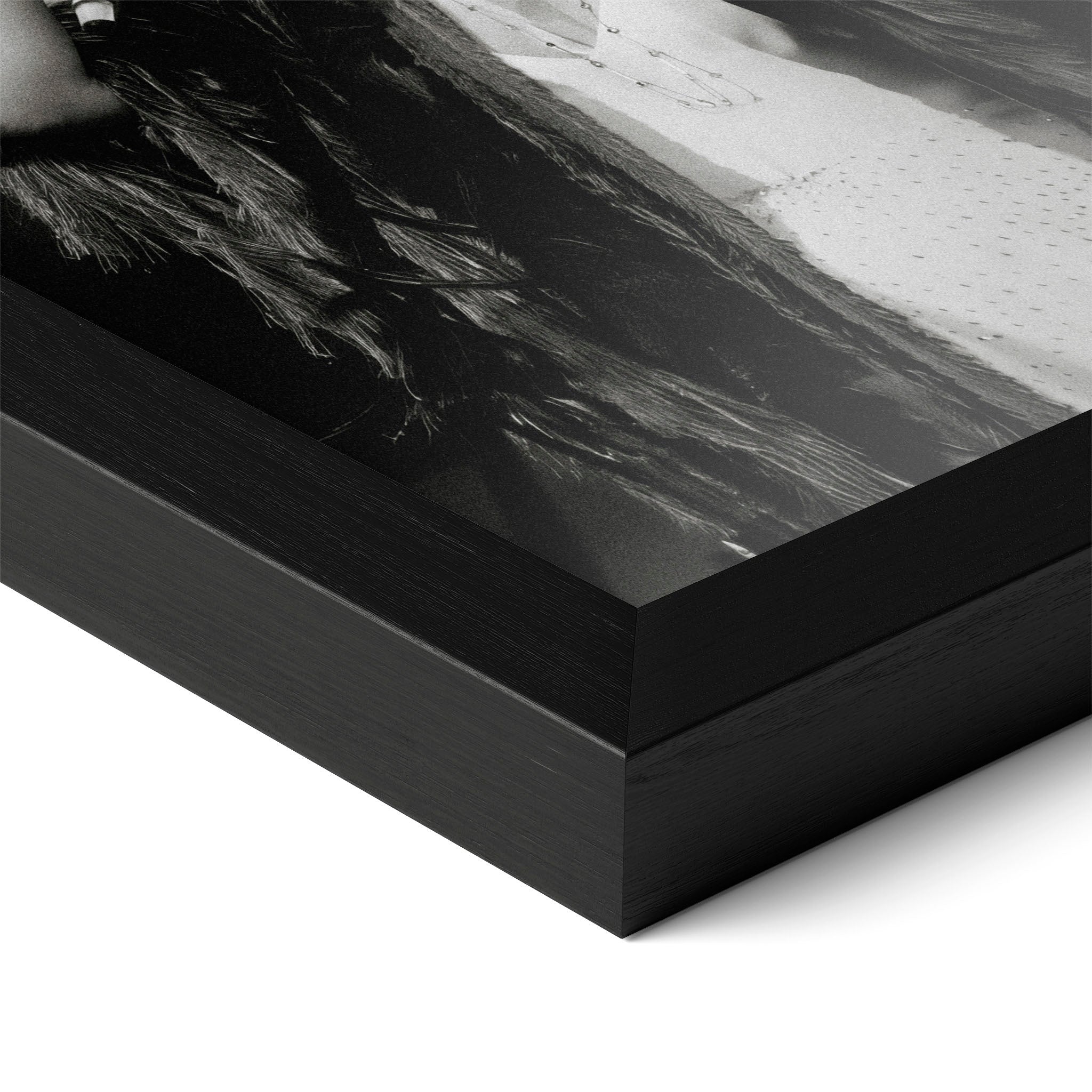 Corner close-up of the Stevie Nicks 1970s live black and white poster in a classic black frame