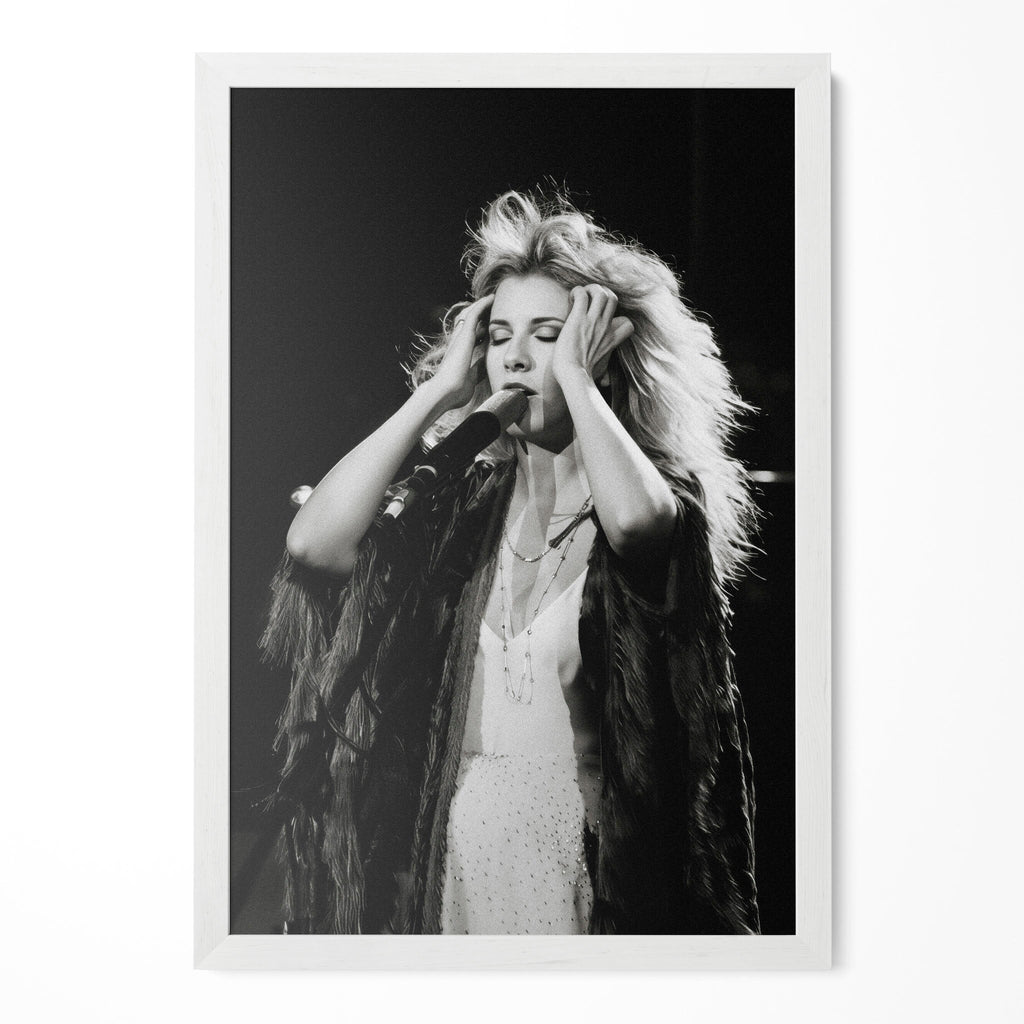 Stevie Nicks late 1970s live concert black and white art print in a classic white poster frame