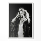 Stevie Nicks late 1970s live concert black and white art print in a classic white poster frame