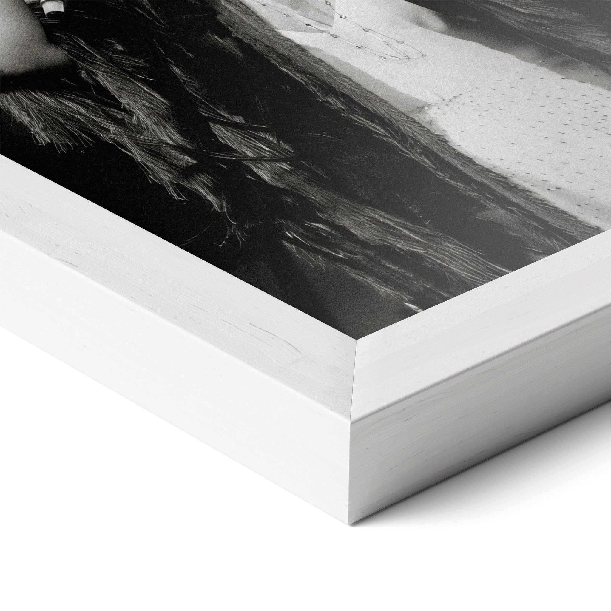 Corner close-up of the Stevie Nicks 1970s live black and white poster in a classic white frame