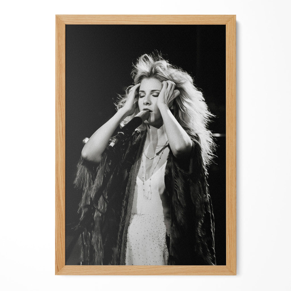 Stevie Nicks late 1970s live concert black and white art print in a natural oak poster frame