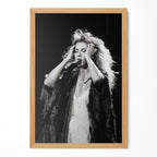 Stevie Nicks late 1970s live concert black and white art print in a natural oak poster frame