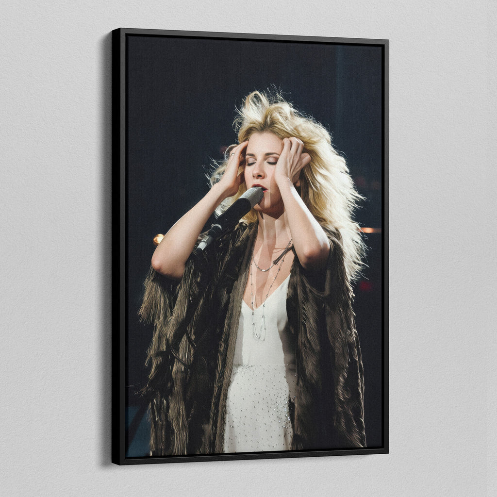 Angled view of the Stevie Nicks 1970s live colour canvas in a black floating frame
