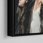 Corner close-up of the black floating frame on the Stevie Nicks 1970s live colour canvas