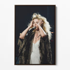Front view of the Stevie Nicks 1970s live colour canvas in a dark walnut floating frame