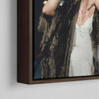 Corner close-up of the dark walnut floating frame on the Stevie Nicks 1970s live colour canvas