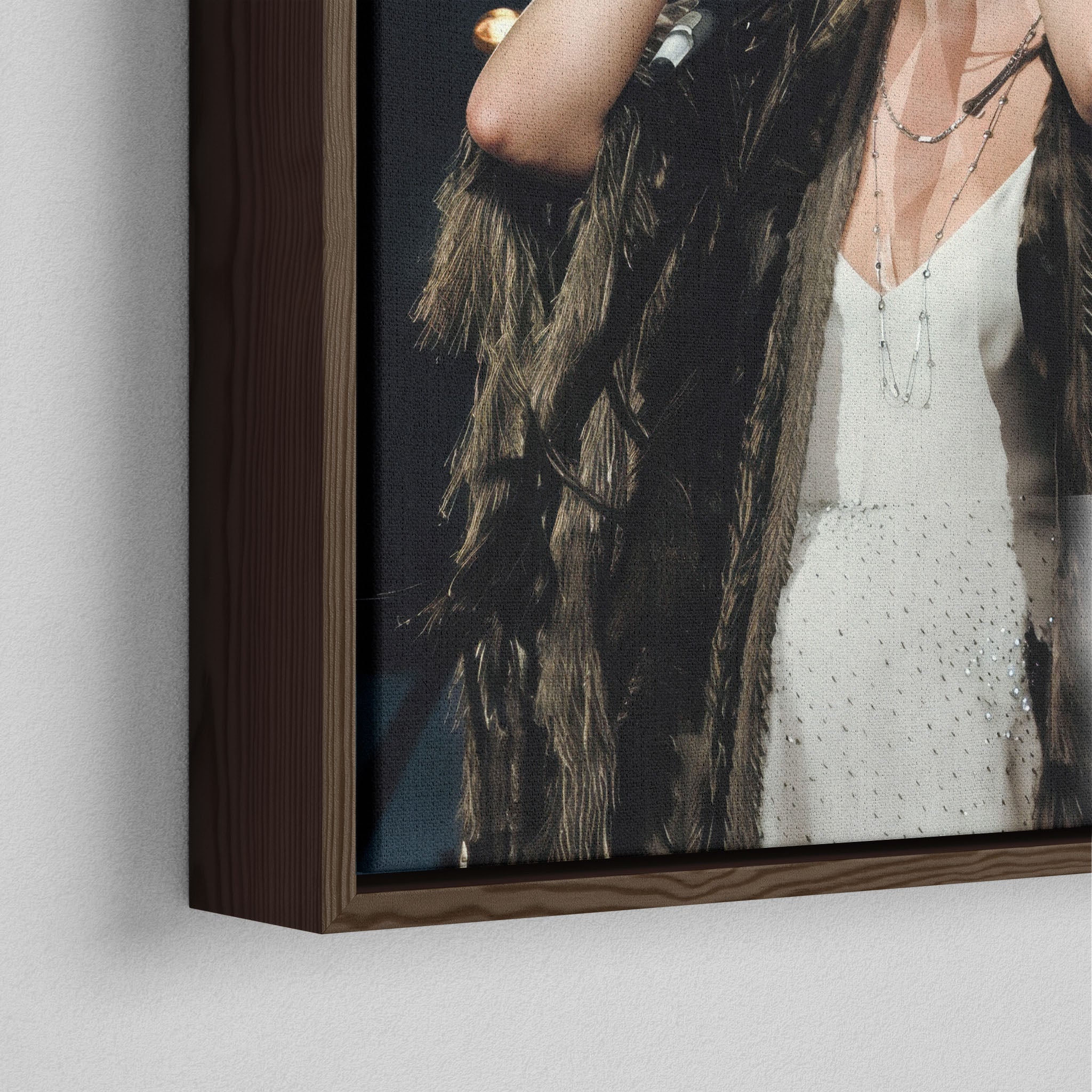 Corner close-up of the dark walnut floating frame on the Stevie Nicks 1970s live colour canvas