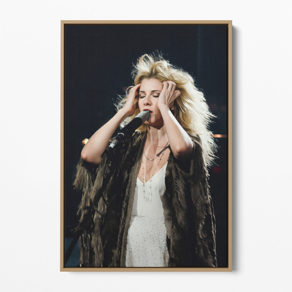 Front view of the Stevie Nicks 1970s live colour canvas in a natural oak floating frame