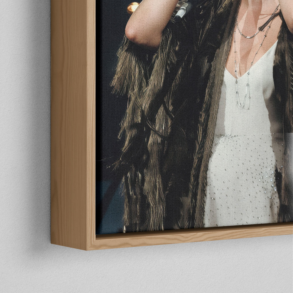 Corner close-up of the natural oak floating frame on the Stevie Nicks 1970s live colour canvas