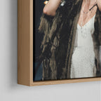 Corner close-up of the natural oak floating frame on the Stevie Nicks 1970s live colour canvas