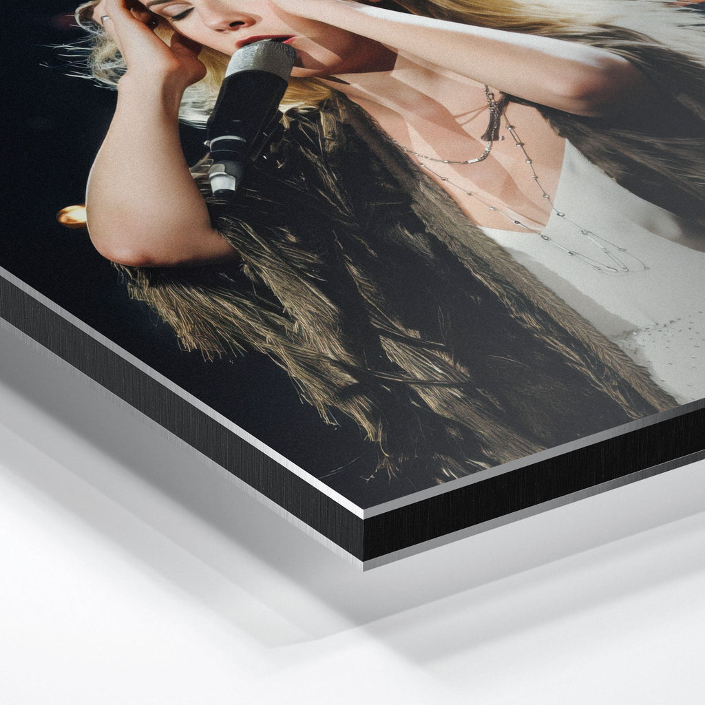 Close-up of the aluminium edge on the Stevie Nicks 1970s live colour metal print