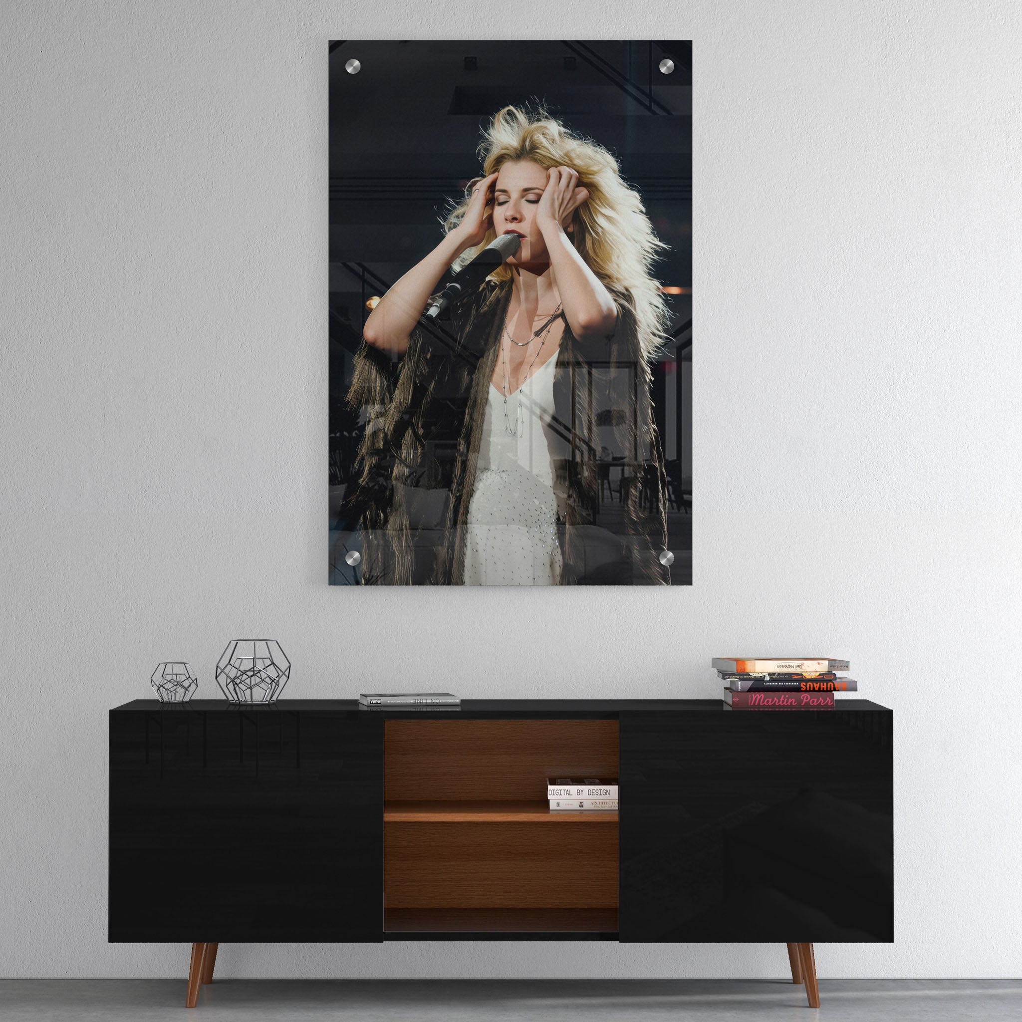 High-gloss acrylic print of the Stevie Nicks Fleetwood Mac 1970s live colour photo