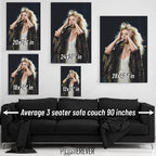 Wall art size comparison chart displaying multiple print dimensions above an average 3-seater sofa