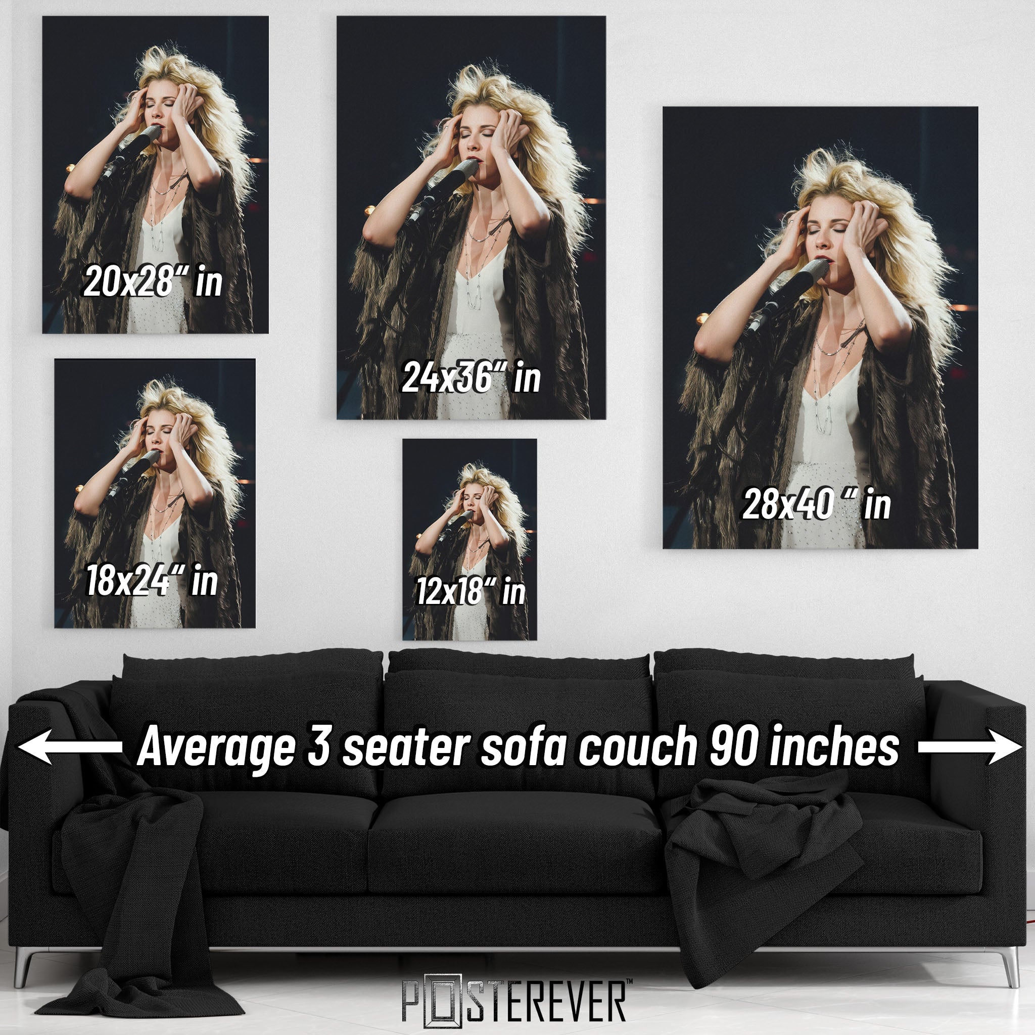 Wall art size comparison chart displaying multiple print dimensions above an average 3-seater sofa