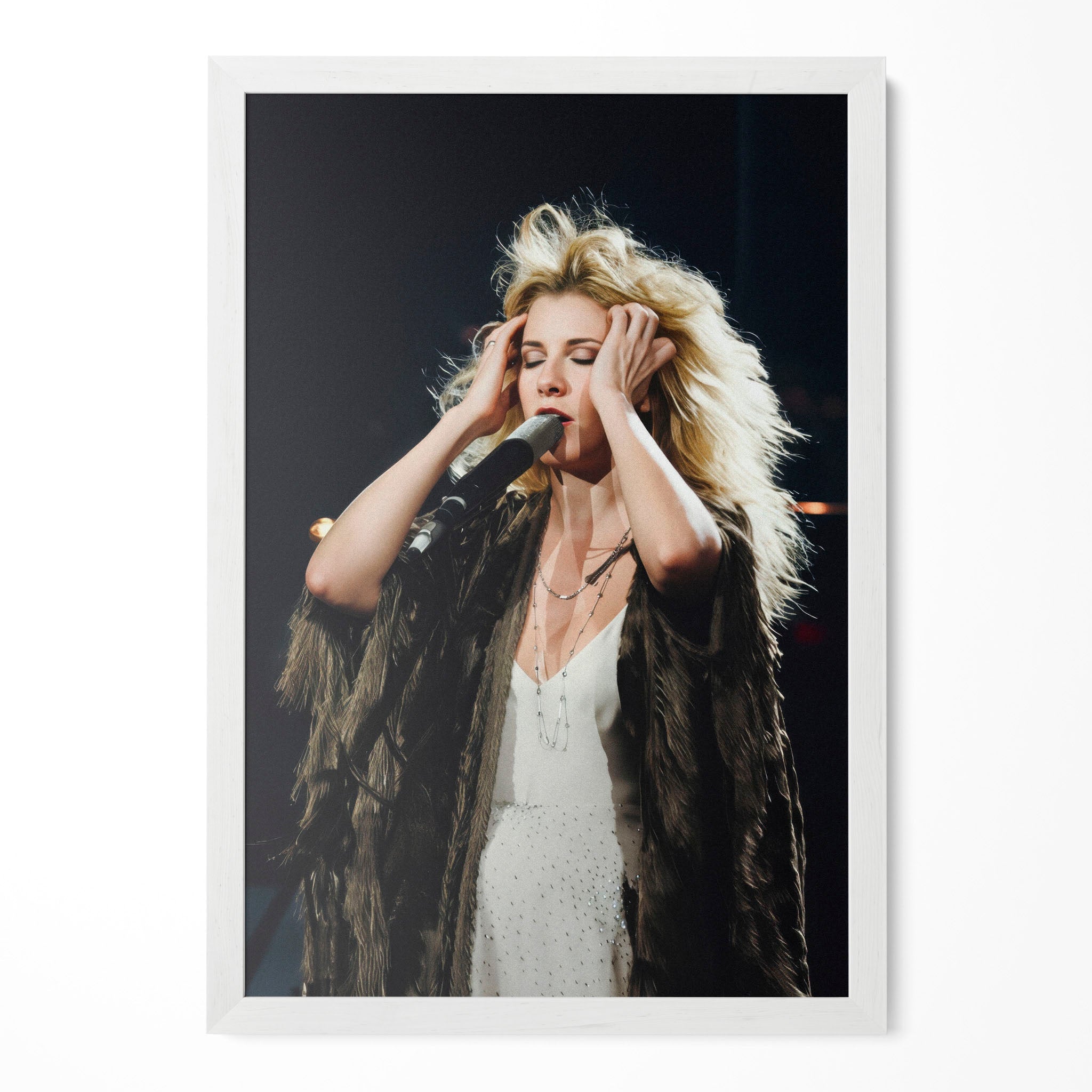 Stevie Nicks late 1970s live concert colour art print in a classic white poster frame