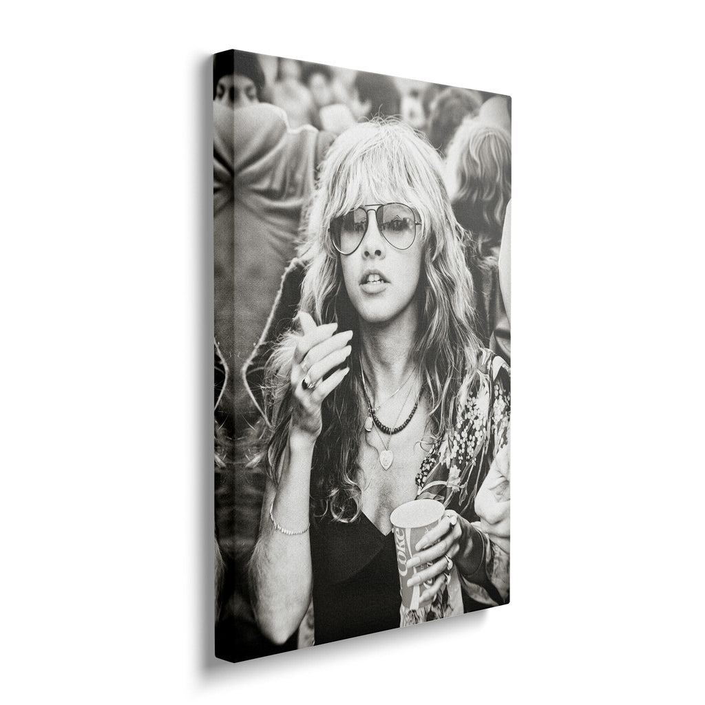 Gallery-wrapped canvas of the Stevie Nicks Fleetwood Mac 1979 Tusk Tour black and white portrait