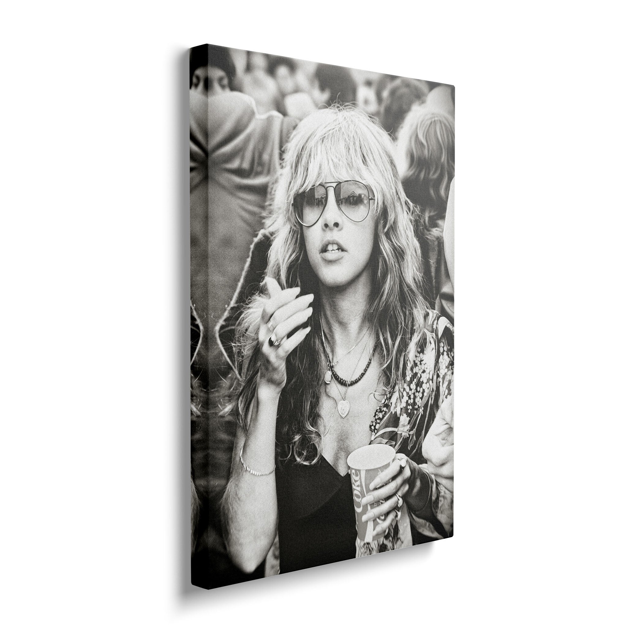 Gallery-wrapped canvas of the Stevie Nicks Fleetwood Mac 1979 Tusk Tour black and white portrait