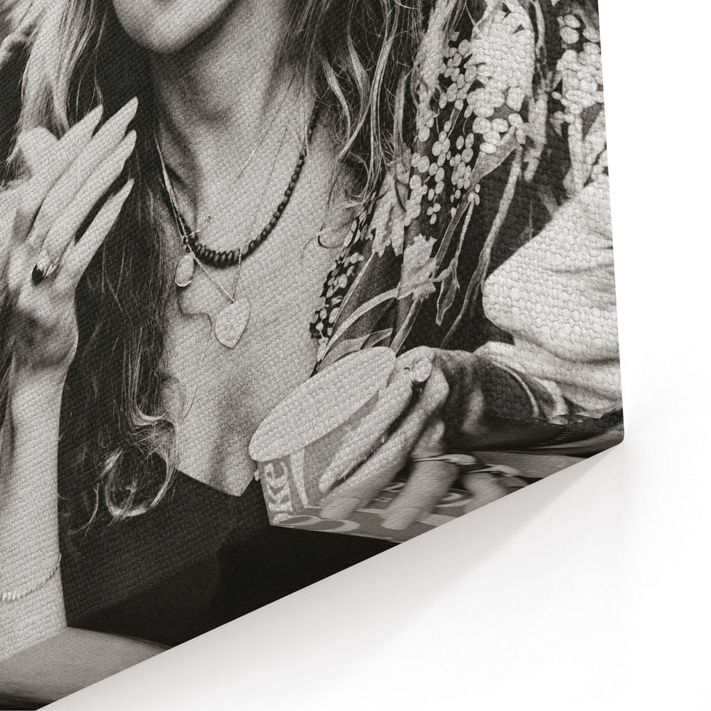 Close-up of the gallery-wrapped canvas edge on the Stevie Nicks 1979 Tusk Tour black and white print