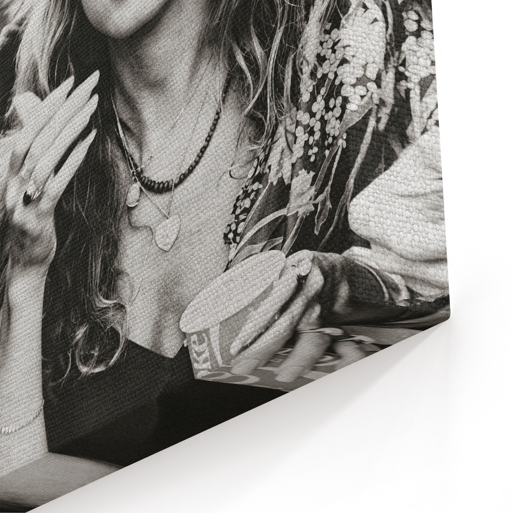 Close-up of the gallery-wrapped canvas edge on the Stevie Nicks 1979 Tusk Tour black and white print
