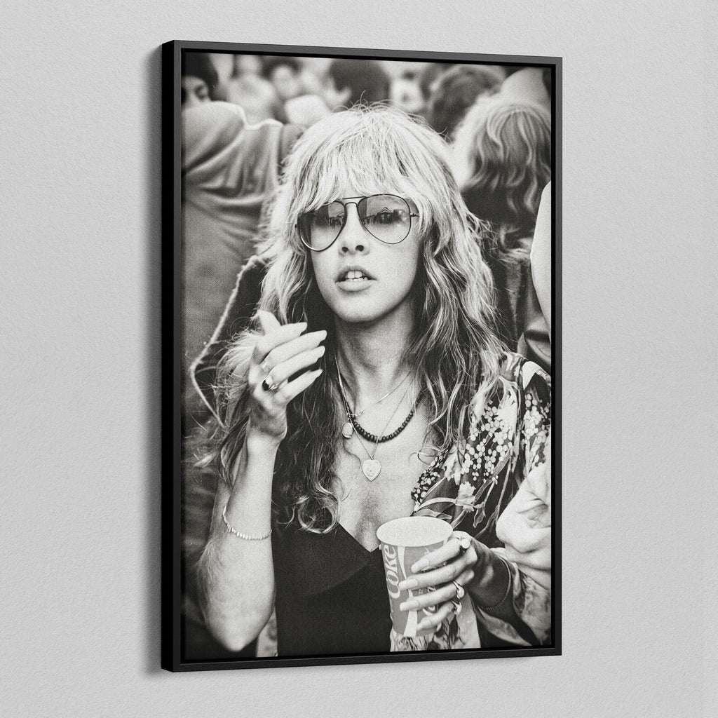 Angled view of the Stevie Nicks 1979 Tusk Tour black and white canvas in a black floating frame