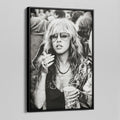 Angled view of the Stevie Nicks 1979 Tusk Tour black and white canvas in a black floating frame