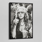 Angled view of the Stevie Nicks 1979 Tusk Tour black and white canvas in a black floating frame