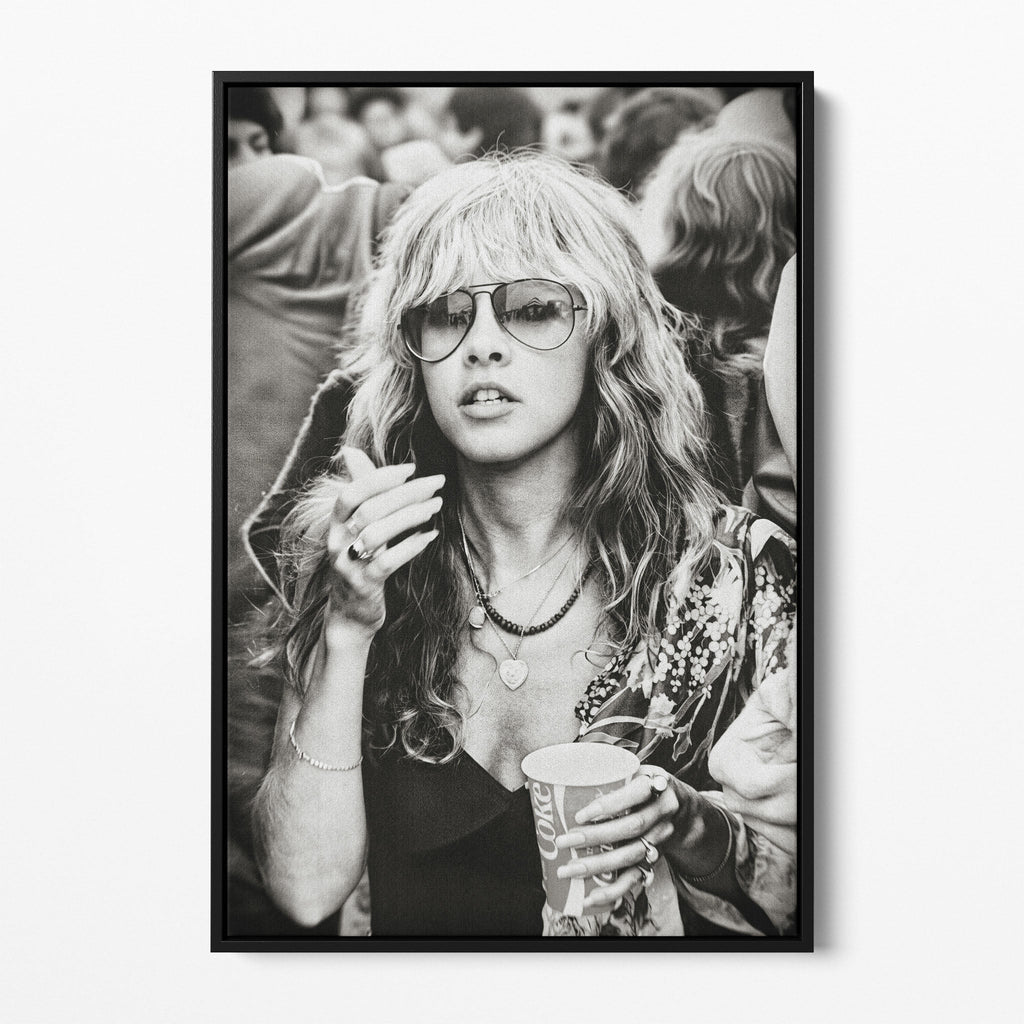 Front view of the Stevie Nicks 1979 Tusk Tour black and white canvas in a black floating frame