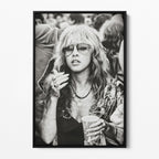 Front view of the Stevie Nicks 1979 Tusk Tour black and white canvas in a black floating frame